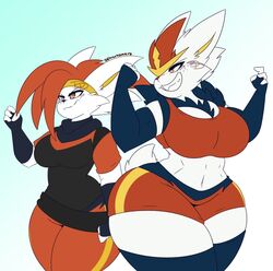 2girls abs anthro breasts cinderace cleo_(justkindahere) dewwydartz eva(dewwydartz) female female_cinderace female_pokemon fit_female hourglass_figure huge_breasts nintendo pokémon_(species) pokemon pokemon_ss thick_thighs wide_hips