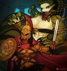 2girls anthro armor armored big_breasts breasts bronze_(metal) claws dark-skinned_female earrings ezzyecchi forked_tongue gorgon greek_mythology green_skin helmet holding_weapon medusa muscular muscular_female roman_helmet shield skirt snake snake_hair straps straps_across_chest sword wrist_cuffs