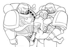 3boys adeptus_astartes anal armor ass ass_focus astra_militarum back back_view big_penis black_and_white blush cum cum_drip cum_on_ass gay gay_sex guardsman_(warhammer_40k) helmet huff imperial_guard imperium_of_man implied_anal implied_sex large_penis lewdbees_(artist) line_art male_focus masked masked_male multiple_boys penis penis_out size_difference space_marine thigh_grab thigh_hold warhammer_(franchise) warhammer_40k yaoi