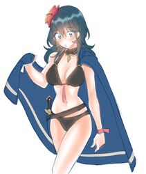 1girls alternate_costume bikini black_bikini black_swimsuit blue_eyes blue_hair breasts byleth_(fire_emblem) byleth_(fire_emblem)_(female) cape dagger female fire_emblem fire_emblem:_three_houses fire_emblem_heroes flower flower_in_hair hair_flower hibiscus light_skin lipstick magicalsakura27 medium_hair nintendo red_flower solo swimsuit weapon white_background white_skin