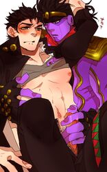 2boys blush clothed erection gay handjob jojo's_bizarre_adventure jotaro_kujo male male_nipples male_only masturbation penis shirt_lift stand_(jjba) standcest star_platinum stardust_crusaders yaoi yu_kakari