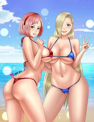 2girls abp_art alternate_breast_size arched_back artist_name ass ass_cleavage bangs bare_shoulders beach big_breasts bikini blonde_hair blue_eyes blue_sky blush bob_cut boruto:_naruto_next_generations breasts butt_crack cameltoe cleavage curvaceous curvy curvy_body curvy_female curvy_figure curvy_hips earrings facial_mark female female/female female_only female_with_female flashing forehead_mark friends front_view green_eyes grin hair_ornament hair_over_one_eye hairband high_resolution ino_yamanaka jewelry landscape lipstick logo long_hair looking_at_viewer makeup micro_bikini multiple_girls naruto naruto:_the_last naruto_(series) naruto_shippuden navel ocean outdoors parted_bangs peace_sign pink_hair posing round_ass sakura_haruno sand shiny shiny_hair shiny_skin shoulder_length_hair side_view sideboob skimpy skimpy_bikini skindentation sky smile sparkles standing swimsuit thong_bikini url v very_long_hair water watermark web_address wide_hips yuri