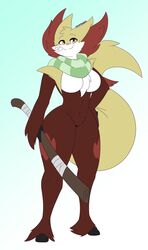 breasts delphox dewwydartz female furry maggie(dewwydartz) pokémon_(species) pokemon stick thick_thighs watermark wide_hips yellow_eyes