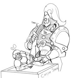 2boys adeptus_custodes armor astra_militarum big_dom_small_sub big_penis black_and_white bottomless clothed english_text erection gauntlets gay guardsman_(warhammer_40k) helmet holding_penis imminent_penetration imperial_guard imperium_of_man large_penis leg_grab leg_lift leg_up lewdbees_(artist) line_art male_focus masked masked_male no_pants pants_removed penis_size_comparison penis_size_difference power_armor size_comparison size_difference text veiny_penis warhammer_(franchise) warhammer_40k white_background yaoi