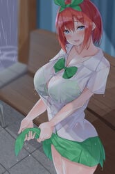 1girls bangs bench big_breasts blue_eyes bra breasts busty cleavage clothed clothing collarbone curvaceous curvy curvy_body curvy_female curvy_figure eyebrows female female_only go-toubun_no_hanayome green_ribbons hair_between_eyes hair_ornament hair_ribbon holding_skirt huge_breasts light-skinned_female light_skin long_hair micosivaa nakano_yotsuba orange_hair paipan pale-skinned_female pale_skin petite raining ribbon school_uniform schoolgirl see-through see-through_clothing shirt shoulder_length_hair skirt skirt_lift slim_waist soaked solo solo_female solo_focus standing underwear voluptuous water water_drop wet wet_clothes wide_hips