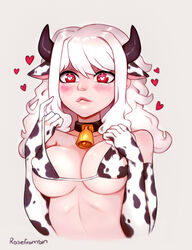 1girls bell_collar blush blushing breasts collar cow_print elbow_gloves erect_nipples erect_nipples_under_clothes female female_focus female_only gloves heart-shaped_pupils helltaker modeus_(helltaker) red_eyes rosefromsin solo straight_hair white_hair