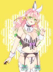 alternate_costume big_breasts bunny_ears bunny_tail bustier cleavage demon_slayer female female_only garter_belt garter_straps green_eyes hair_down hair_ribbon hairbow kanroji_mitsuri kimetsu_no_yaiba kyu_717 lingerie mole_under_eye neck_ribbon pink_hair smile solo stripes thighhighs two_tone_hair wavy_hair wrist_cuffs yellow_background