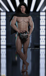 1boy 3d abs actor adam_driver artist_name athletic athletic_male barefoot ben_solo celebrity cloak covering covering_crotch covering_self feet hallway helmet helmet_removed hood hooded in_character indoors kylo_ren legs light-skinned_male light_skin looking_at_viewer male male_only mostly_nude muscular muscular_male nipples nude nude_male partially_clothed pose solo solo_male standing star_wars sthenhx the_force_awakens