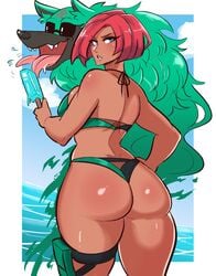 arc_system_works ass back_view beach bikini blue_eyes bob_cut brazilian brazilian_female bubble_butt cloud curvy dark-skinned_female dark_skin fangs feeding female giovanna_(guilty_gear) green_bikini guilty_gear guilty_gear_strive hand_on_hip hi_res holding_object licking looking_at_viewer looking_back ocean outside popsicle red_hair rei_(guilty_gear) scruffyturtles shiny_skin short_hair standing sunglasses thick_thighs thigh_strap water