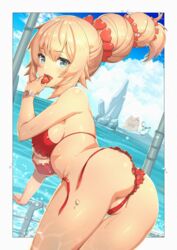 absurdres akai_haato ass bent_over bikini blonde_hair blush border breasts double_bun eating fan_mascot_(vtuber) female food fruit haaton_(akai_haato) hair_ornament hair_up heart heart_hair_ornament highres holding holding_food holding_railing hololive hololive_gen_1 hololive_japan huge_filesize ichihachiyon large_breasts long_hair looking_at_viewer multiple_hair_ties red_bikini sideboob strawberry swimsuit thigh_gap thighs untied untied_bikini very_long_hair virtual_youtuber watch water wet wristwatch