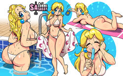 1girls alternate_breast_size ass big_ass big_breasts bikini blonde_hair blue_eyes breast_press breasts cleavage earrings female female_only huge_breasts mario_(series) multiple_images nintendo popsicle princess_peach sasatseng sexually_suggestive solo solo_female suggestive suggestive_food super_mario_odyssey thong thong_bikini towel water wet