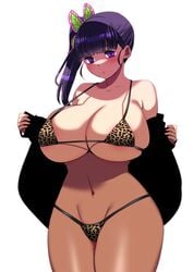 1girls alternate_costume big_breasts bikini blush breasts butterfly_hair_ornament demon_slayer female hair_ribbon huge_breasts kimetsu_no_yaiba large_breasts leopard_print perepere-kun ponytail purple_eyes purple_hair side_ponytail solo standing swimsuit thick_thighs thighs tsuyuri_kanao white_hair wide_hips