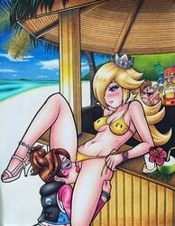 2boys 2girls alcohol artist_request bar beach belly bikini blizzard_entertainment blonde_hair blue_eyes blush brown_hair crossover crown cunnilingus d.va earrings glasses hana_song high_heels jewelry licking_pussy long_hair mario mario_(series) nintendo open_toe_shoes oral overwatch princess_rosalina public public_sex smile swimsuit waveracer_d.va yuri