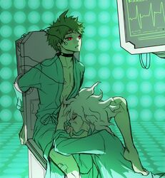 2boys bandage barefoot blowjob bound closed_eyes danganronpa danganronpa_2:_goodbye_despair dubious_consent fellatio gay green_background heart_monitor hinata_hajime laboratory male male/male male_only medical nagito_komaeda one_leg_up open_clothes oral red_eyes restrained sitting smooth_skin yaoi yndr4hope