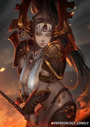 1girls arm_guards avatar_of_khaine eldar forehead_jewel genderbend genderswap headdress helmet holding_weapon khaine large_breasts loincloth nipple_bulge pauldron ponytail sgt_lonely warhammer_(franchise) warhammer_40k