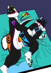 big_ass big_balls black_fur blue_background blue_bed_sheet blue_pawpads blue_pillow blushing creampie cum cum_in_ass dan_(deadtale) eyes_closed fang_(deadtale) furry furry_only male male_only on_bed pawpads phone rainbow_cum rainbow_penis riskaver_(artist) sweating tail_up white_fur