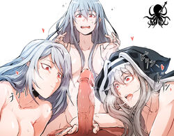 1boy 1male 3girls after_oral arknights breasts closed_mouth cock_shock dodok elf_ears fffm_foursome foursome gladiia_(arknights) heart japanese_text large_penis long_hair multiple_girls naked nervous open_mouth oral penis penis_awe pointy_ears red_eyes saliva saliva_on_penis saliva_on_tongue saliva_string saliva_trail skadi_(arknights) specter_(arknights) straight tongue_out white_background white_hair