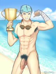 1boy abs armpit_hair armpits bandages beach caspar_von_bergliez caspar_von_bergliez_(summer) circumcised fire_emblem fire_emblem:_three_houses fire_emblem_heroes flexing male male_only male_pubic_hair muscular muscular_male nintendo ocean pointing_at_self proud_of_his_cock pubic_hair scrowny seaside trophy