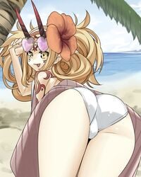 1girls ass beach bent_over blonde_hair fate/grand_order fate_(series) ibaraki_douji_(fate) looking_at_viewer looking_back outdoors panties shosho_oekaki solo upskirt