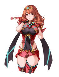 1girls alternate_costume blush breasts celica_(fire_emblem) conope cosplay covered_navel cowboy_shot crossover earrings female female_focus fingerless_gloves fire_emblem fire_emblem_echoes:_shadows_of_valentia gloves headpiece jewelry large_breasts long_hair matching_hair/eyes nintendo orange_eyes orange_hair pyra_(xenoblade) pyra_(xenoblade)_(cosplay) short_shorts shorts simple_background smile solo thighhighs tiara white_background xenoblade_(series) xenoblade_chronicles_2