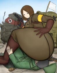 1boy 1girls ass_on_face battle_background big_ass big_breasts black_hair boots brown_boots brown_clothing brown_gloves brown_hair faceless_male facesitting happy king_of_fighters looking_at_viewer looking_down metal_slug pistol rebel_army rebel_soldier_(metal_slug) short_hair snk thick_thighs viewed_from_below whip_(kof) white_flag