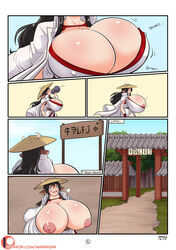 areola_slip areolae breast_expansion breasts bursting_breasts cleavage comic cow_girl female female_only huge_breasts lessien_(jtd) long_hair marrazan motion_lines nipple_bulge samurai_outfit solo solo_female