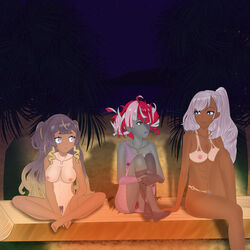 3girls anya_melfissa big_breasts bikini_tan breasts female female_only hololive hololive_indonesia hololive_indonesia_holoro kureiji_ollie long_hair maximilienbodwe multiple_girls patchwork_skin pavolia_reine tan_skin tanline virtual_youtuber white_hair youtube youtuber zombie zombie_girl