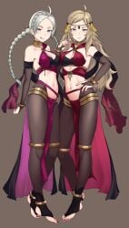 2girls absurdres ahoge alternate_costume arabian_clothes bare_midriff bare_shoulders bbk_(13zk) blonde_hair breasts bridal_legwear clothed commission cosplay dancer dancer_outfit dorothea_arnault_(cosplay) dorothea_arnault_(plegian)_(cosplay) earrings feet female female_only fire_emblem fire_emblem_fates fire_emblem_heroes full_body grey_hair harem_outfit highres jewelry legwear lene_(fire_emblem)_(cosplay) lene_(fire_emblem)_(plegian) lene_(fire_emblem)_(plegian)_(cosplay) licking_lips looking_at_viewer medium_breasts midriff multiple_girls nail_polish navel nina_(fire_emblem) nintendo ophelia_(fire_emblem) pink_nails plegian red_nails seductive seductive_smile toeless_legwear toes tongue tongue_out twintails white_hair