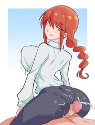 1boy 1girls ass balls big_ass big_breasts braided_hair breasts buttjob chainsaw_man clothed_female_nude_male cum cum_on_ass cum_on_clothes curvy ejaculation favorite good_artwork konaloid long_hair makima_(chainsaw_man) mature_female mature_woman office_clothing orange_hair pantylines penis red_hair shirt_tucked_in thick_ass thick_thighs tight_clothing tucked_shirt veiny_penis wide_hips