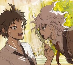 2boys brown_hair clothed clothing color danganronpa danganronpa_3 hinata_hajime licking licking_popsicle male male_only nagito_komaeda school_uniform shocked straight_hair suggestive suggestive_food surprised white_hair yndr4hope