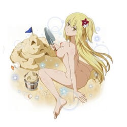 1girls aiz_wallenstein artist_request ass barefoot beach blonde_hair blush breasts dungeon_ni_deai_wo_motomeru_no_wa_machigatteiru_darou_ka female female_only flower_in_hair long_hair looking_at_viewer looking_back nude presenting sandcastle shovel sitting solo spread_legs tagme yellow_eyes