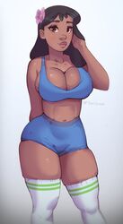 1girls big_breasts black_hair breasts brown_eyes cleavage dark-skinned_female dark_skin disney eyelashes female female_focus female_only flower high-waist_shorts huge_breasts lilo_and_stitch looking_at_viewer nani_pelekai phat_smash short_shorts simple_background solo solo_female solo_focus thick_lips thick_thighs thigh_squish thighhighs toned toned_female toned_stomach wide_hips