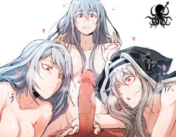 1boy 1male 3girls :o arknights breasts closed_mouth cock_shock dodok elf_ears fffm_foursome foursome gladiia_(arknights) heart japanese_text long_hair multiple_girls naked nervous open_mouth penis penis_awe pointy_ears red_eyes skadi_(arknights) specter_(arknights) straight touching_penis white_background white_hair