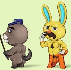 2021 animal_crossing anthro balls beaver body_hair buckteeth chest_hair chip_(animal_crossing) clothed clothing duo facial_hair gaston_(animal_crossing) genitals hat hat_only headgear headgear_only headwear headwear_only lagomorph leporid looking_back male male_only mammal mostly_nude moustache nintendo nude penis pubes rabbit rodent tagme teeth tranquillement video_games yaoi