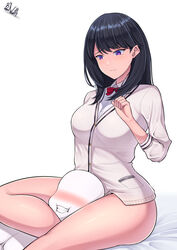 1boy 1boy1girl 1girls anon asphyxiation band-width between_legs between_thighs black_hair blush bottomless choking female head_between_thighs headscissor leg_lock leglock red_bow ssss.gridman takarada_rikka thick_thighs thighs