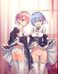 blue_eyes blue_hair blush frilled_legwear frilled_socks happy lifting_dress lifting_skirt looking_at_viewer maid maid_uniform misakamitoko0903 open_mouth panties ram_(re:zero) re:zero_kara_hajimeru_isekai_seikatsu red_eyes red_hair rem_(re:zero) short_hair small_breasts socks thigh_gap thighhighs white_socks