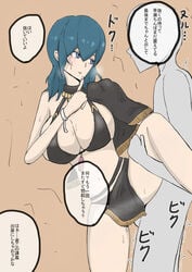 1boy 1girls alternate_breast_size alternate_costume bald big_breasts bikini black_bikini black_swimsuit blue_eyes blue_hair blush breasts byleth_(fire_emblem) byleth_(fire_emblem)_(female) byleth_(summer)_(fire_emblem)_(female) cape cleavage color cum cum_inside faceless_male female fire_emblem fire_emblem:_three_houses fire_emblem_heroes huge_breasts japanese_text kazushige large_breasts male medium_hair nintendo notes_translation sex shushing sideboob sound_effects straight sweat swimsuit teacher_and_student teal_hair testicles text translated