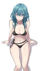 1girls alternate_costume bikini black_bikini black_swimsuit blaze_pso2 blue_eyes blue_hair breasts byleth_(fire_emblem) byleth_(fire_emblem)_(female) byleth_(summer)_(fire_emblem)_(female) dagger female fire_emblem fire_emblem:_three_houses lipstick looking_at_viewer medium_hair nintendo sitting solo weapon white_background white_skin