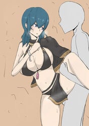 1boy 1girls alternate_breast_size alternate_costume bald big_breasts bikini black_bikini black_swimsuit blue_eyes blue_hair breasts byleth_(fire_emblem) byleth_(fire_emblem)_(female) byleth_(summer)_(fire_emblem)_(female) cape cleavage female fire_emblem fire_emblem:_three_houses fire_emblem_heroes huge_breasts kazushige large_breasts male medium_hair nintendo sex shushing sideboob straight swimsuit testicles