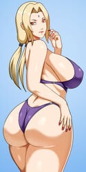 1girls big_ass big_breasts blonde_hair breasts brown_eyes cleavage clothed_female female female_only from_behind huge_ass huge_breasts large_breasts long_hair mature mature_female nail_polish naruto naruto_(series) naruto_shippuden one-piece_swimsuit pinkpawg sideboob smile solo solo_focus standing swimsuit tsunade voluptuous