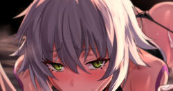 :>= all_fours ass black_panties blush condom eyebrows_visible_through_hair fate/apocrypha fate_(series) female green_eyes grey_hair hair_between_eyes implied_fellatio jack_the_ripper_(fate/apocrypha) looking_at_viewer out-of-frame_censoring panties sanpaku short_hair shoulder_tattoo solo sweatdrop tattoo tears ulrich_(tagaragakuin) underwear used_condom