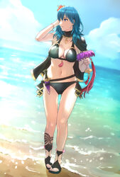 1girls alternate_costume armpits ass_visible_through_thighs asukan bangs beach belt bikini black_belt black_bikini black_capelet black_footwear black_swimsuit blue_eyes blue_hair blue_sky breasts byleth_(fire_emblem) byleth_(fire_emblem)_(female) byleth_(summer)_(fire_emblem)_(female) cape capelet cleavage closed_mouth cloud collarbone commentary_request dagger day english_commentary female female_only fire_emblem fire_emblem:_three_houses fire_emblem_heroes flower flower_in_hair full_body hair_between_eyes hair_flower hair_ornament hand_in_hair hand_up highres holding holding_weapon jewelry knife knife_sheath large_breasts lipstick long_hair looking_at_viewer looking_to_the_side medium_hair midriff mixed-language_commentary nail_polish navel necklace nintendo ocean outdoors outside profile red_nails ribbon sand sandals scabbard shadow sheathed sidelocks single_bare_shoulder sky smile solo standing swimsuit sword thigh_gap water weapon white_skin wrist_ribbon