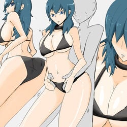 1boy 1girls alternate_breast_size alternate_costume anon ass bald big_breasts bikini black_bikini black_swimsuit blue_eyes blue_hair breasts byleth_(fire_emblem) byleth_(fire_emblem)_(female) cleavage emotionless expressionless female fire_emblem fire_emblem:_three_houses huge_breasts imminent_sex inviting_to_sex kazushige male medium_hair nintendo sideboob straight swimsuit testicles underboob white_skin