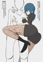 1girls ass blue_eyes boots byleth_(fire_emblem) byleth_(fire_emblem)_(female) disinterested emotionless expressionless fire_emblem fire_emblem:_three_houses japanese_text kazushige large_ass leggings medium_breasts medium_hair nintendo shorts teal_hair text thigh_sex translation_request