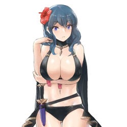 1girls alternate_breast_size alternate_costume ass_visible_through_thighs big_breasts bikini black_bikini black_swimsuit blue_eyes blue_hair breasts buredoran byleth_(fire_emblem) byleth_(fire_emblem)_(female) byleth_(summer)_(fire_emblem)_(female) cape cleavage dagger female fire_emblem fire_emblem:_three_houses fire_emblem_heroes flower flower_in_hair hair_flower hibiscus huge_breasts lipstick looking_at_viewer medium_hair nintendo solo teal_hair weapon white_background white_skin