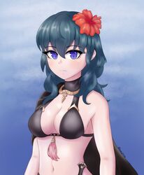 1girls alternate_costume angryforks bikini black_bikini black_swimsuit blue_eyes blue_hair byleth_(fire_emblem) byleth_(fire_emblem)_(female) byleth_(summer)_(fire_emblem)_(female) cape expressionless female fire_emblem fire_emblem:_three_houses fire_emblem_heroes flower flower_in_hair hair_flower hibiscus looking_at_viewer medium_breasts medium_hair nintendo red_flower solo swimsuit teal_hair white_skin