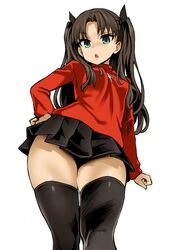 asanagi black_hair fate/stay_night fate_(series) female from_below looking_at_viewer looking_down simple_background skirt small_breasts solo standing thick_thighs thighhighs thighs tohsaka_rin white_background zettai_ryouiki