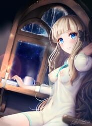 blonde_hair blue_eyes blush book bow candle flame icicle indoors long_hair luft7star night see-through_clothing sitting tagme window