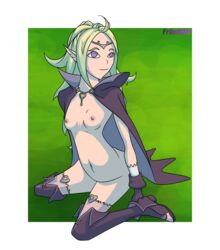 1girls boots cape fire_emblem fire_emblem_awakening fr0stbit3 green_hair kneeling long_hair manakete nintendo nipples nowi_(fire_emblem) nude nude_female pointy_ears purple_eyes small_breasts solo solo_female source_request thigh_boots thighhighs