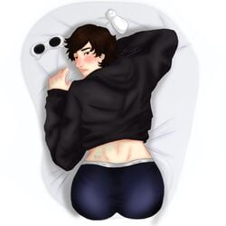 ass blush brown_hair curvy_figure gay georgenotfound goggles hoodie looking_at_viewer looking_back mousepad self_upload suggestive underwear